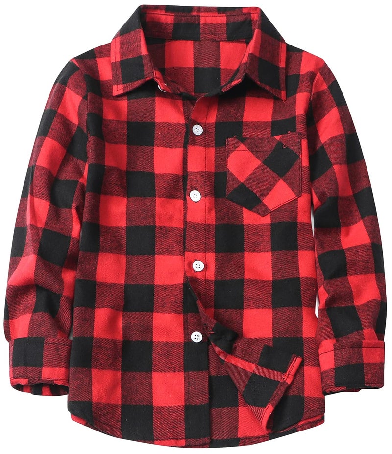 Betusline Kids Toddlers Little & Big Boys Girls Plaid Button Down Long Sleeve Flannel Shirt Tops, Flannel# Red + Black, 3-4 Years = Tag 110 - Image 1